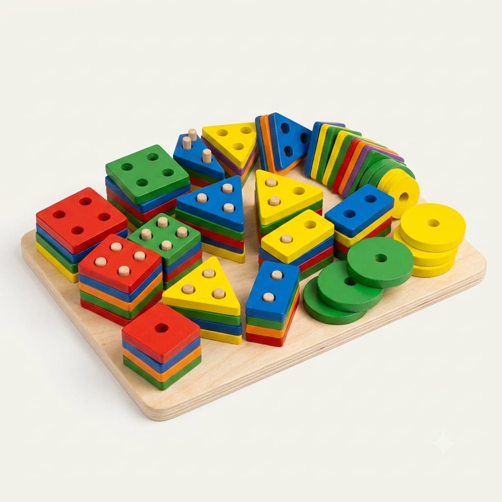 Wooden Geometric Shape Sorter & Stacking Board