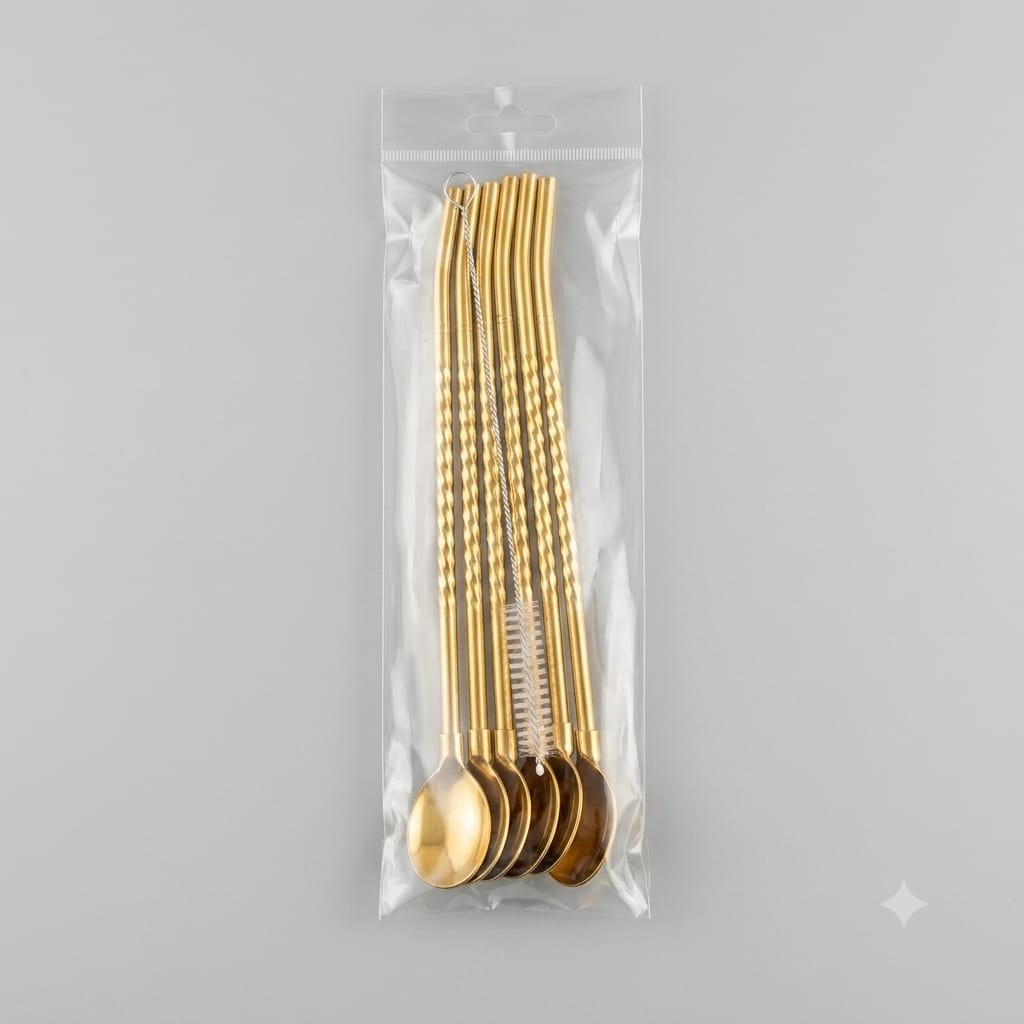 Twist Handle Gold Straw Spoons with Brush