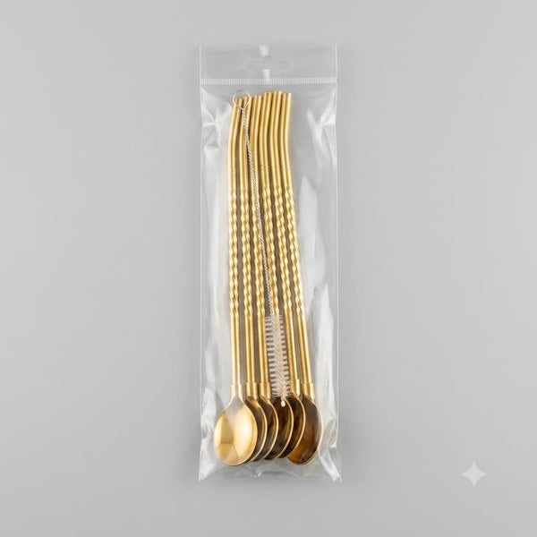 Twist Handle Gold Straw Spoons with Brush