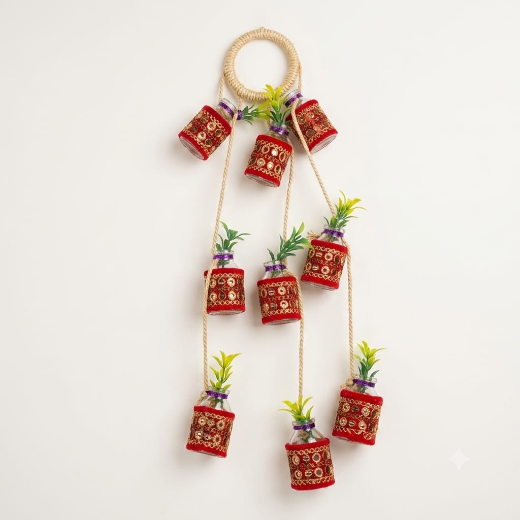 Traditional Embroidered Hanging Glass Bottle Planters