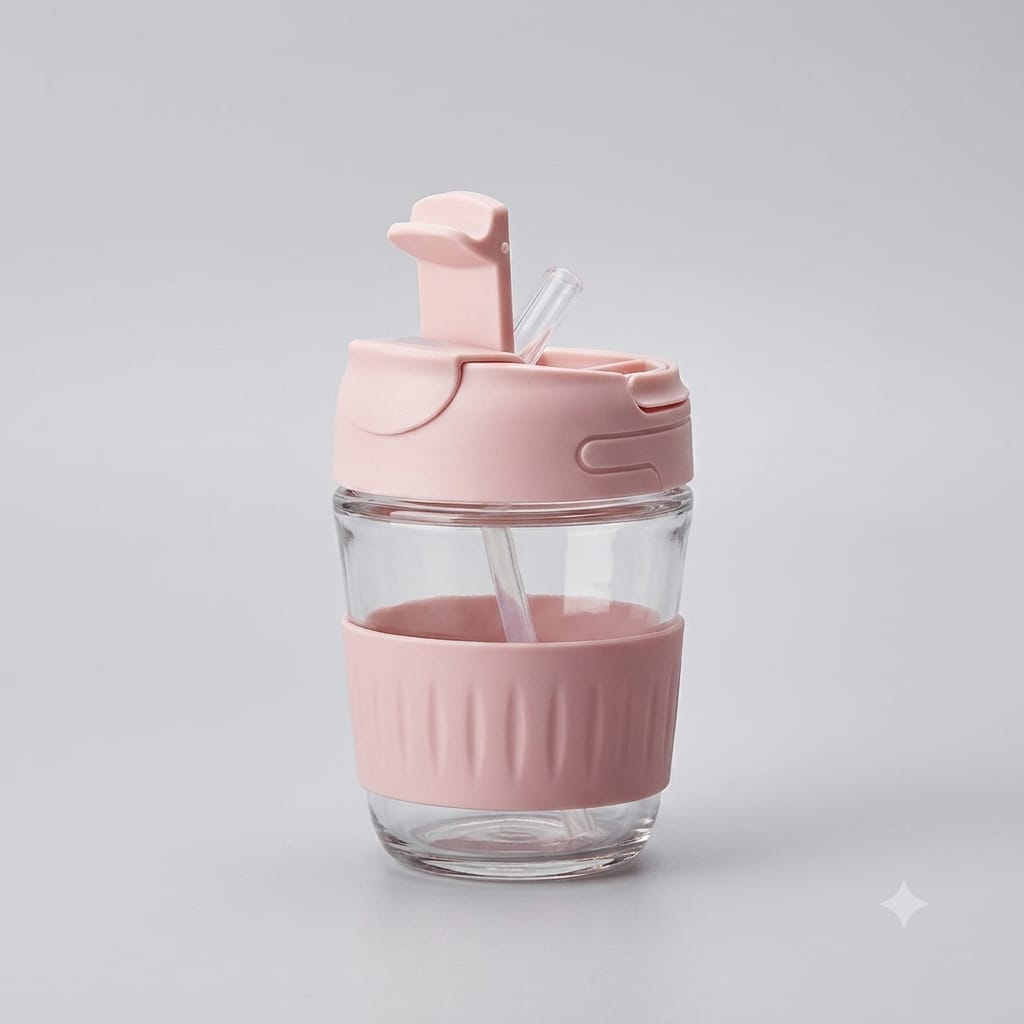 Leak-Proof Glass Coffee Cup with Straw & Flip Lid