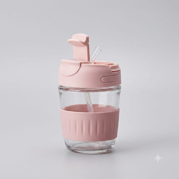 Leak-Proof Glass Coffee Cup with Straw & Flip Lid