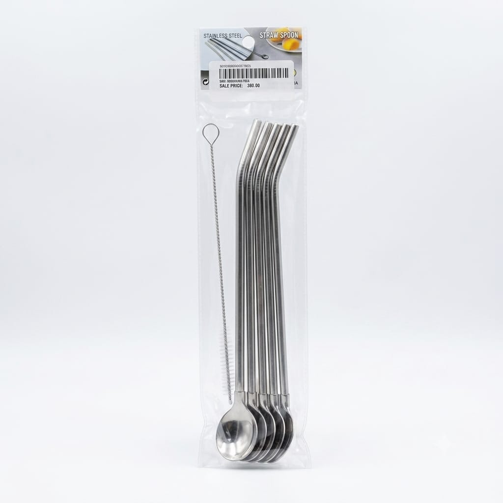 Stainless Steel Straw Spoon Set with Cleaning Brush (6-Piece)