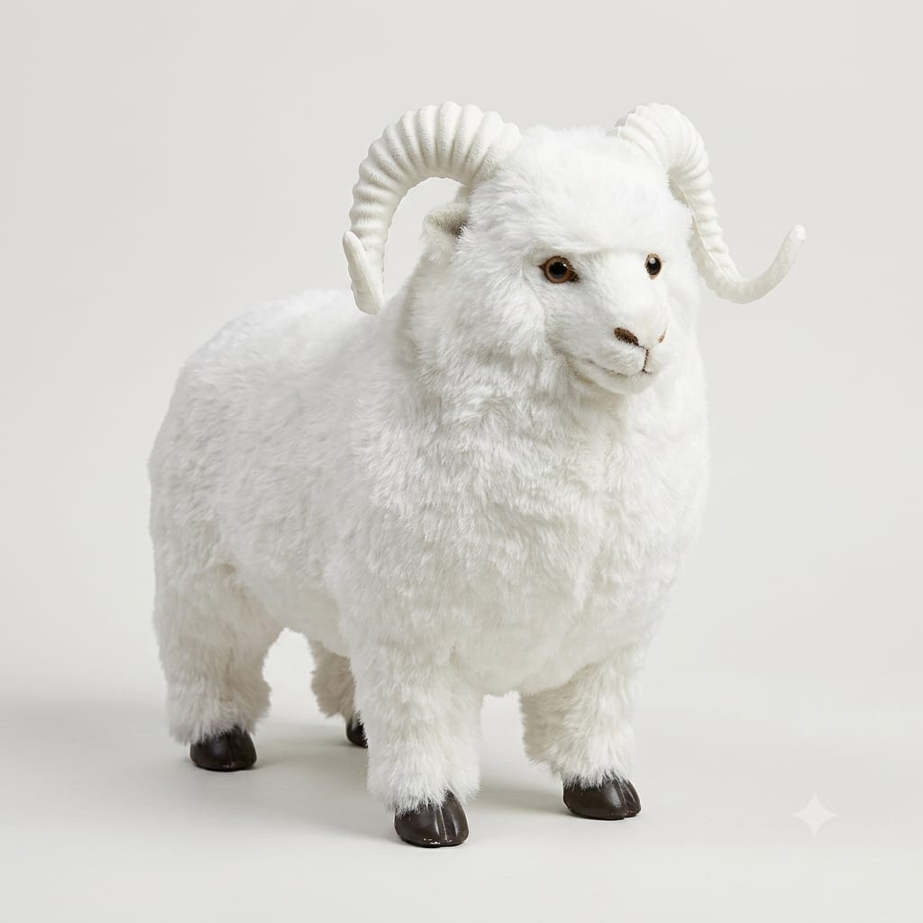 Realistic White Plush Sheep Ram Toy