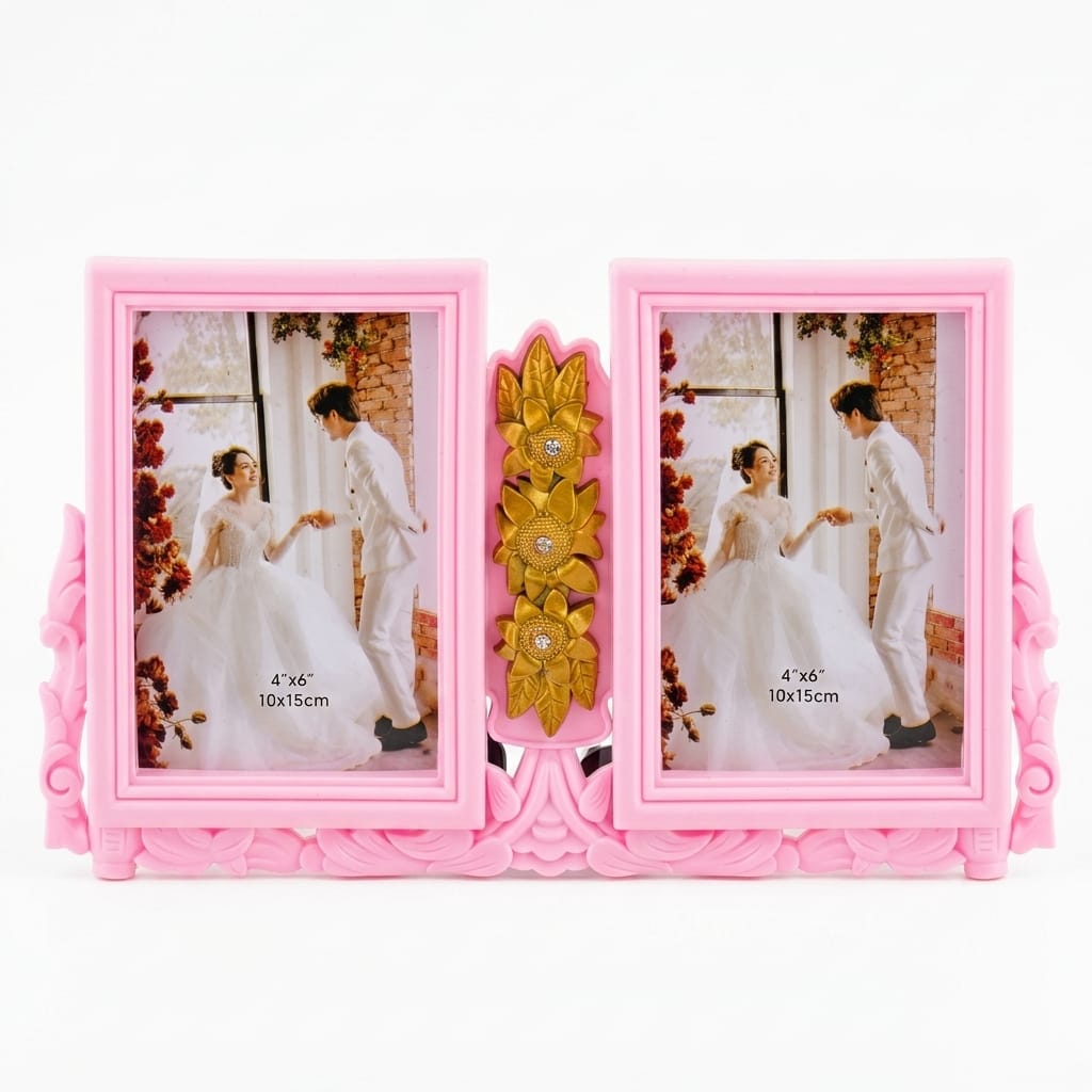 Pink Double Photo Frame with Golden Center Design