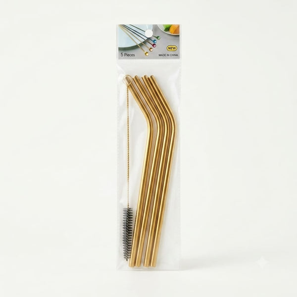 5-Piece Bent Golden Stainless Steel Straw Set with Brush